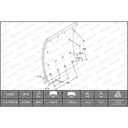 K17357.0-F3661 - Piduriklotsi komplekt, trummelpidur 