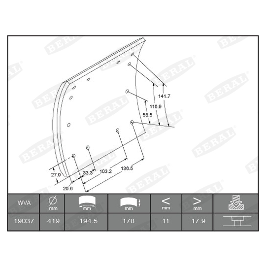 KBL19036.1-1560 - Brake Lining Kit, drum brake 