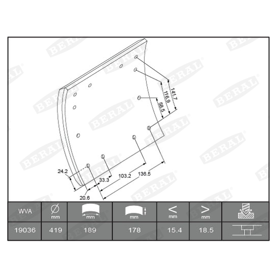 KBL19036.1-1560 - Brake Lining Kit, drum brake 