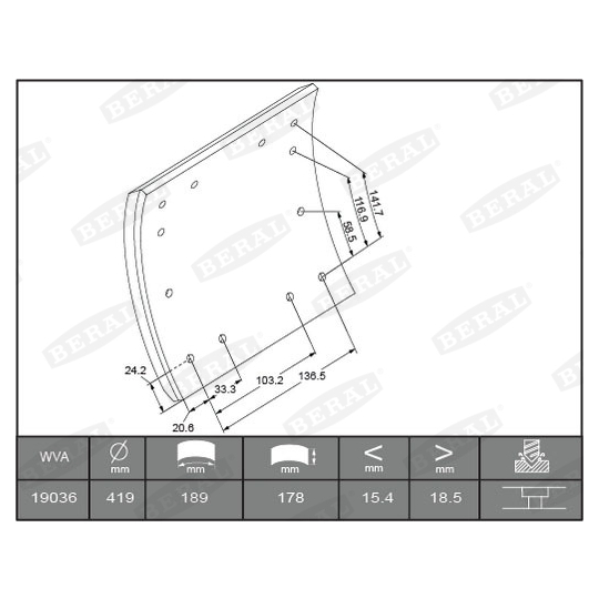 KBL19036.2-1560 - Brake Lining Kit, drum brake 