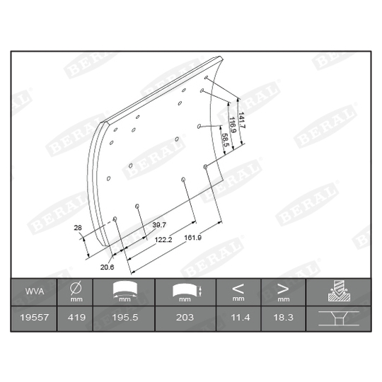 KBL19557.0-1550 - Brake Lining Kit, drum brake 