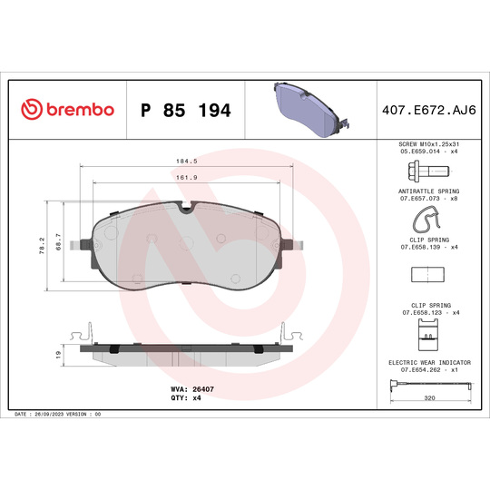 P 85 194 - Brake Pad Set, disc brake 