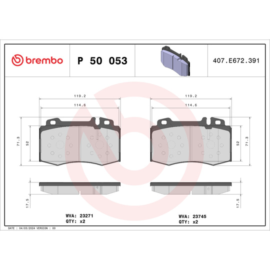 P 50 053X - Brake Pad Set, disc brake 