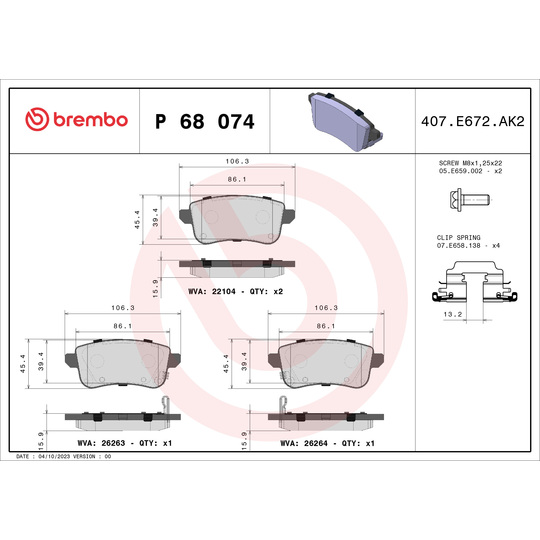 P 68 074 - Brake Pad Set, disc brake 