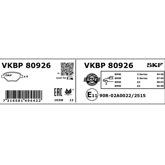 VKBP 80926 - Bromsbeläggssats, skivbroms 